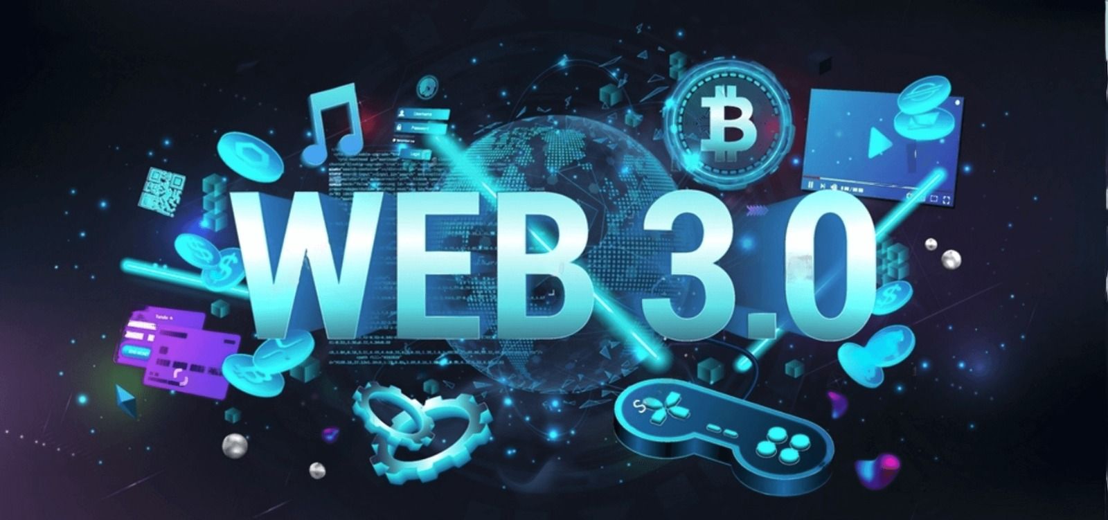 Web 3.0 is a new generation of the Internet, using blockchain and artificial intelligence - Ai, modern internet technologies IoT. Web 3.0 - blockchain system, simple code, cryptocurrency. 3D banner