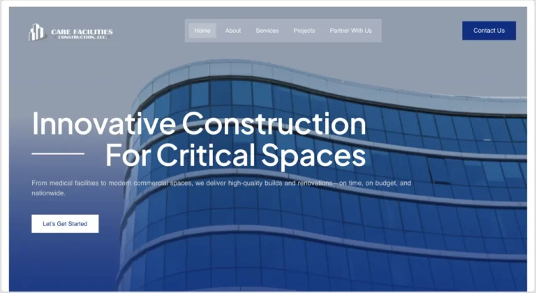 Screenshot of the Care Facilities Construction website homepage