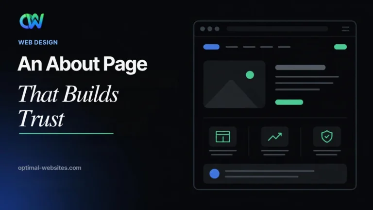 About us page guide headline, an About page that builds trust, beside a website mockup