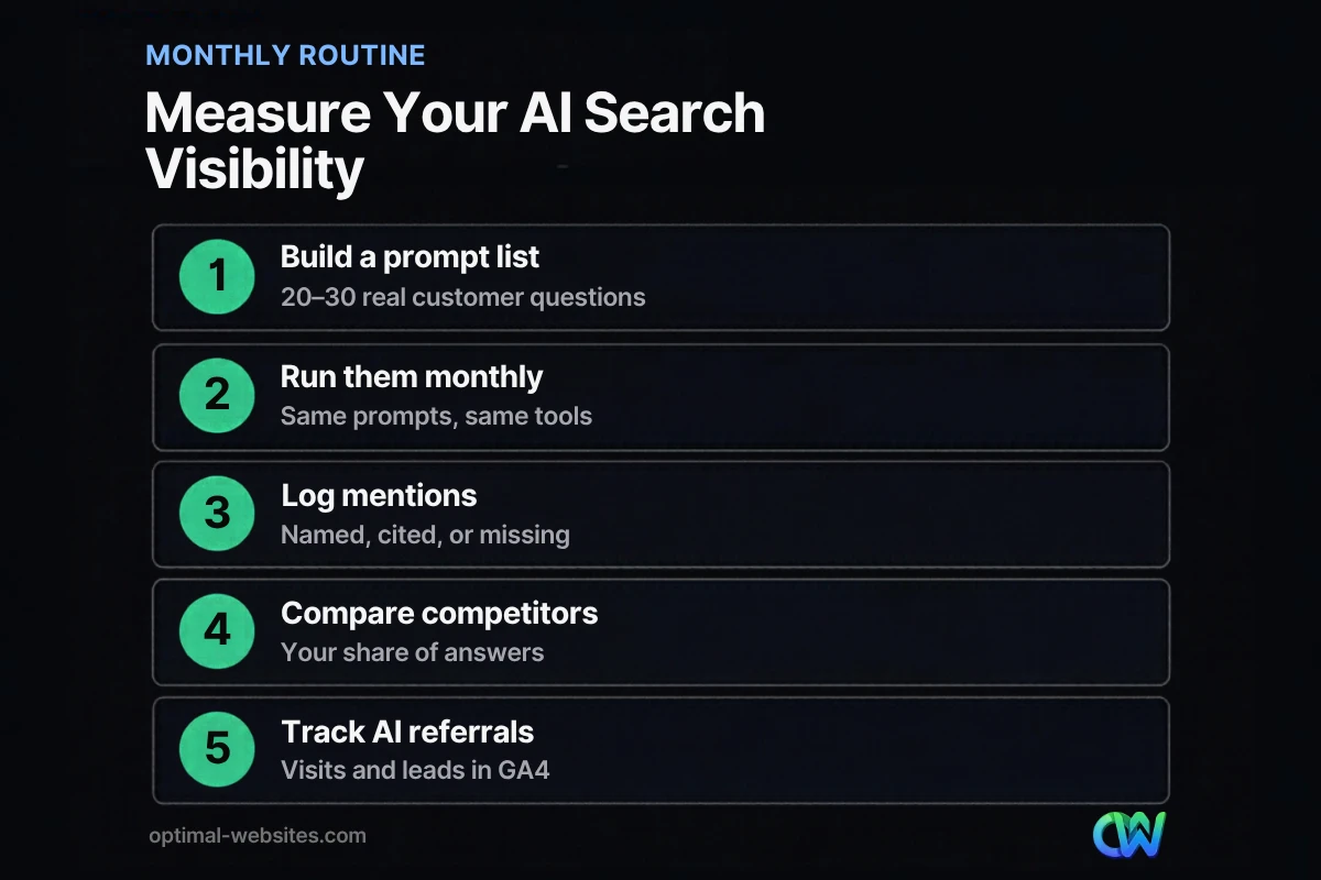 Five-step monthly routine to measure AI search visibility for a brand