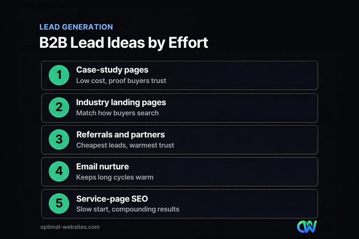 Comparison chart of B2B lead generation ideas rated by cost, effort and speed