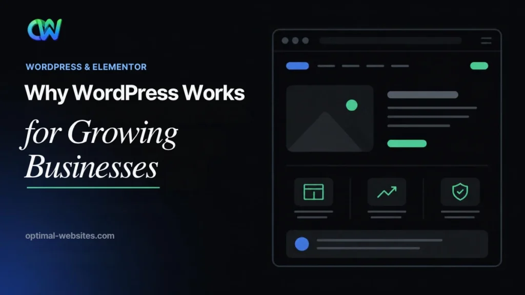 Benefits of WordPress for business shown on a laptop running an Elementor website