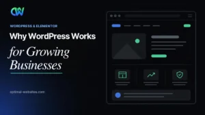 Benefits of WordPress for business shown on a laptop running an Elementor website