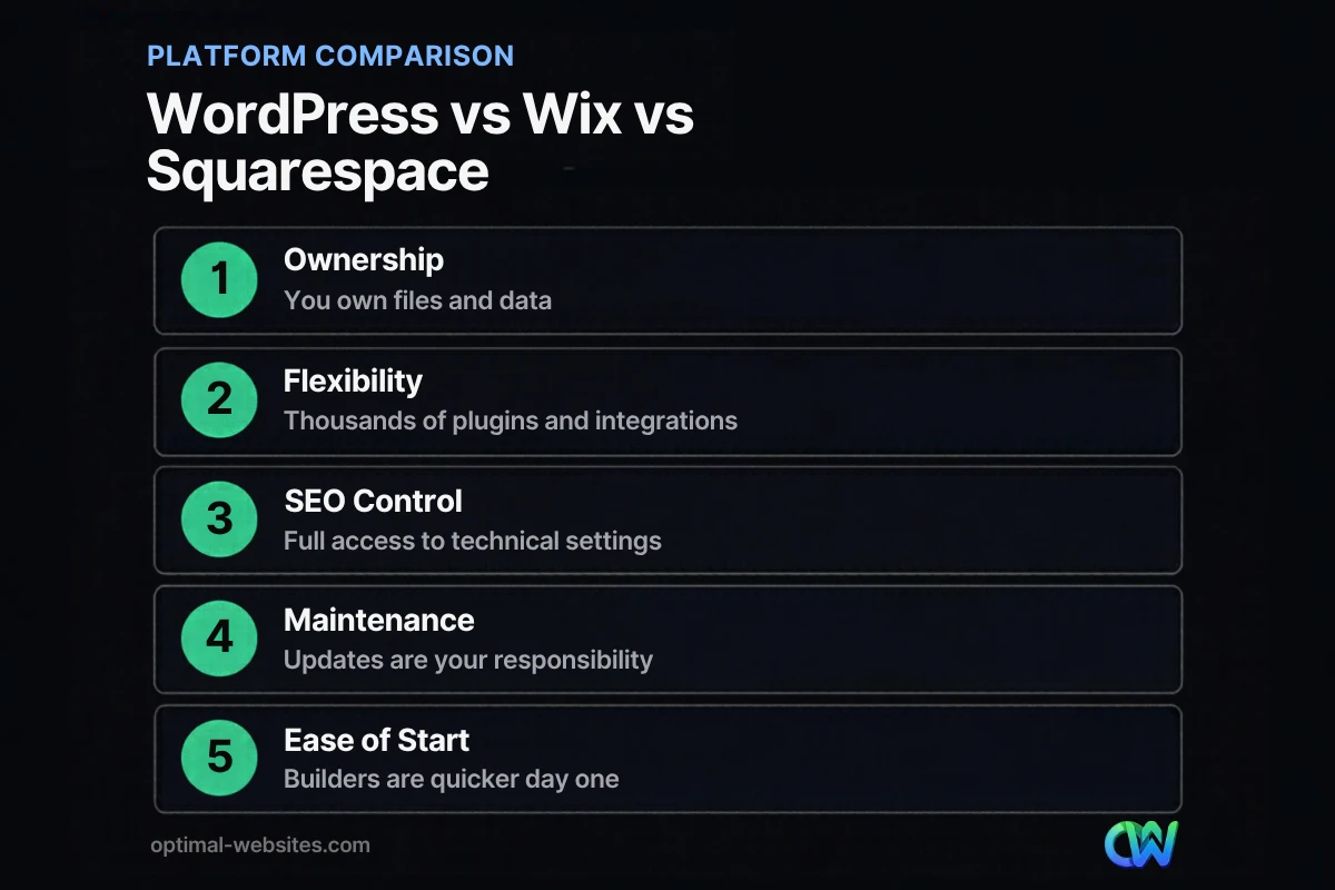 Comparison graphic of the benefits of WordPress for business versus Wix and Squarespace