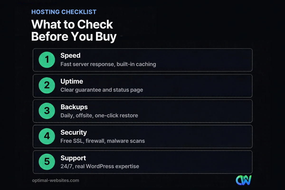 Checklist for choosing the best web hosting for small business: speed, uptime, backups, security, support