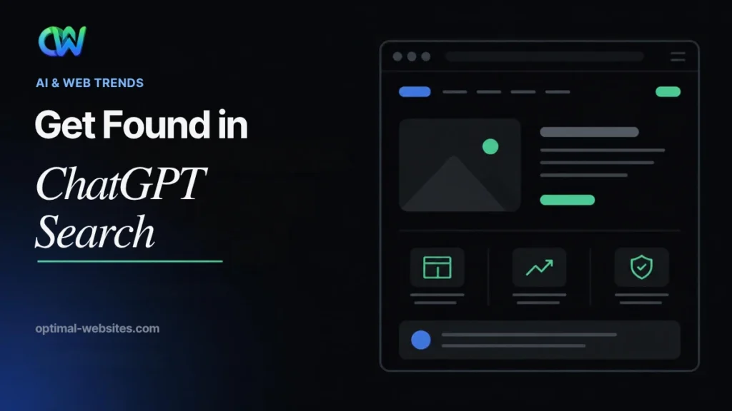 ChatGPT search optimization headline, get found in ChatGPT search, beside a site mockup