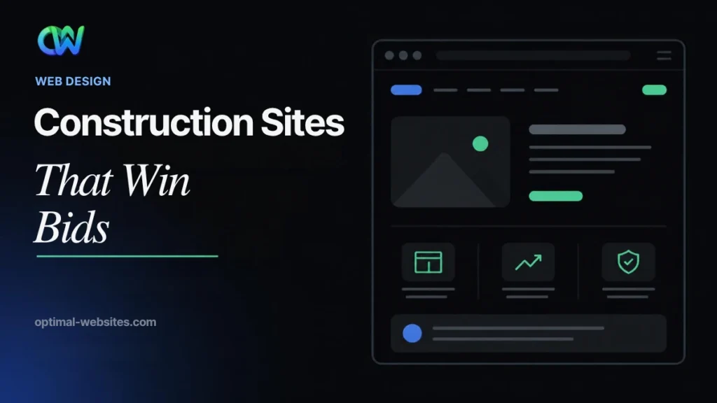 Construction company website design headline, sites that win bids, beside a website mockup