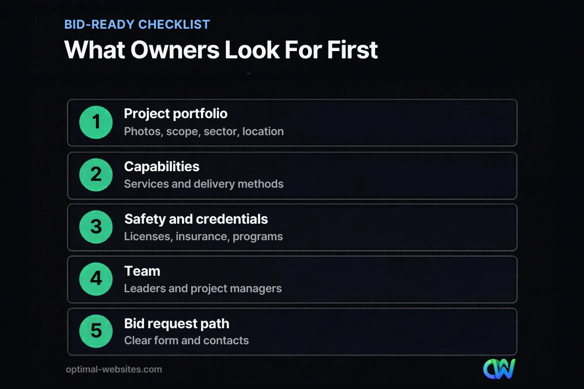 Checklist of what a construction company website design needs to win bids