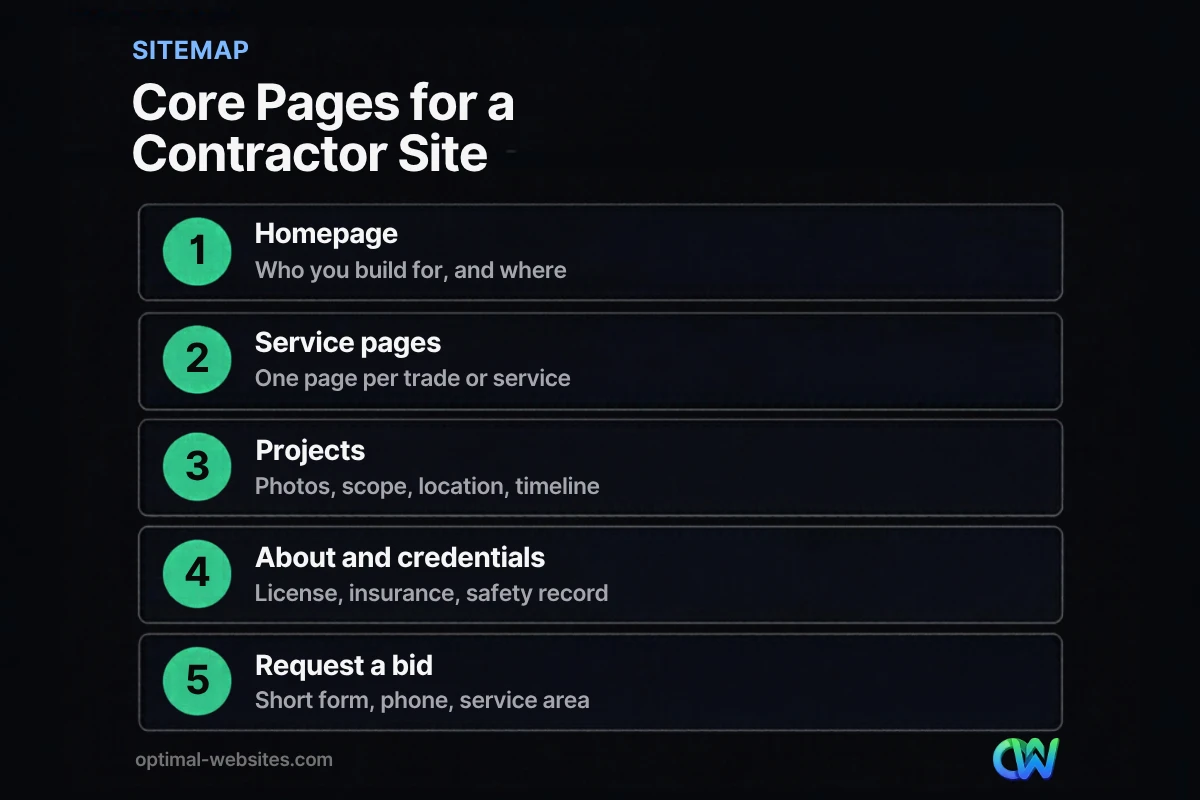Checklist of the five core pages in contractor website design
