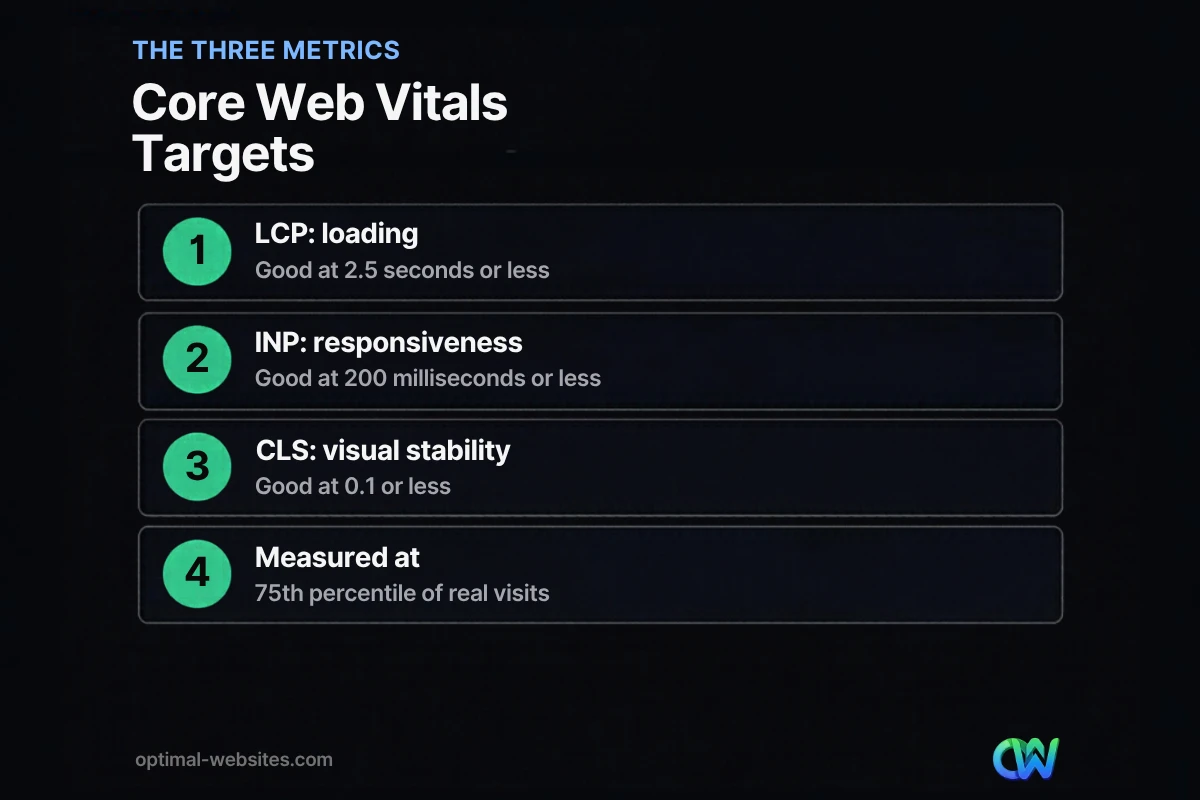 Core Web Vitals targets for LCP, INP and CLS at the 75th percentile