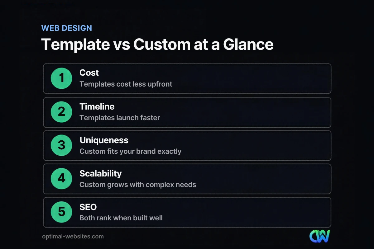 Custom website vs template infographic comparing cost, timeline, uniqueness, scalability, and SEO