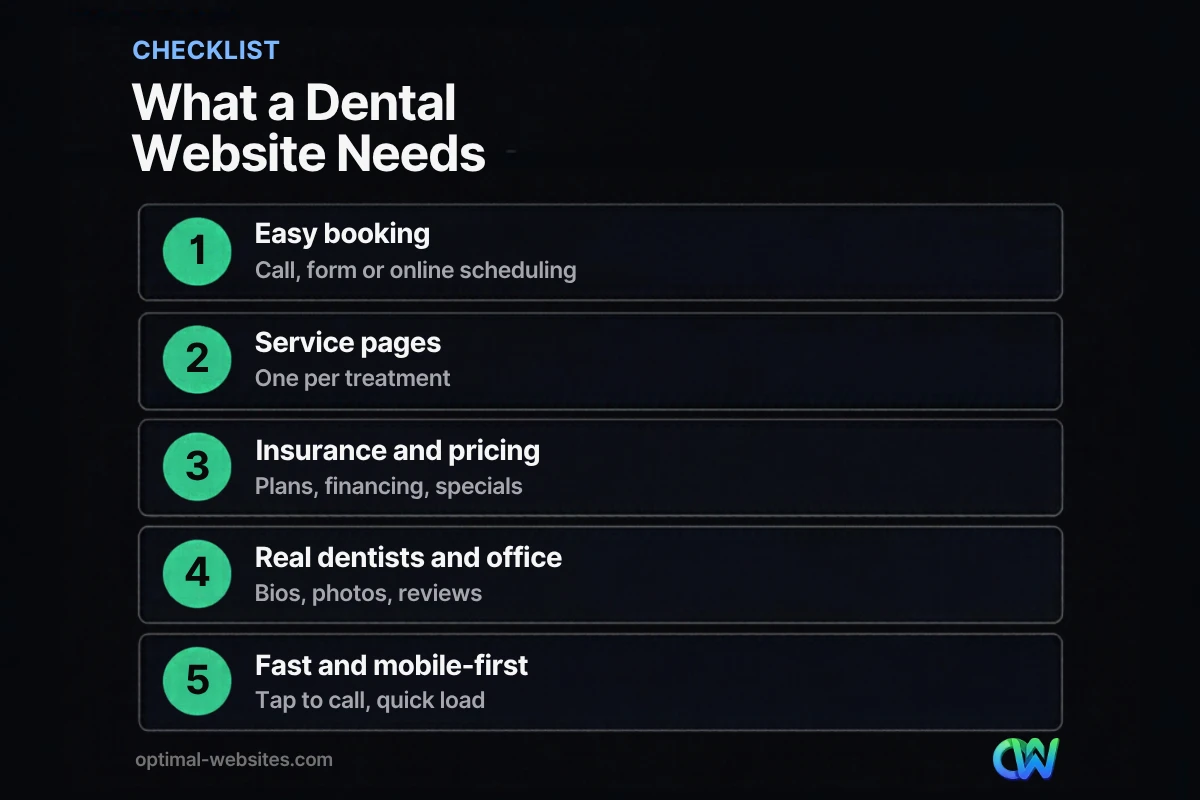 Checklist of what a dental practice website needs, from easy booking to mobile-first design
