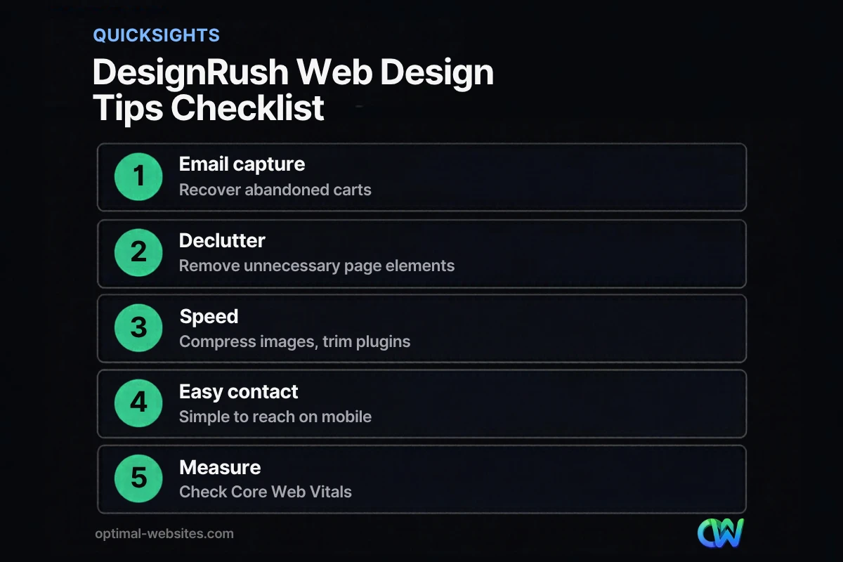 Checklist of DesignRush web design tips for email capture, speed and contact