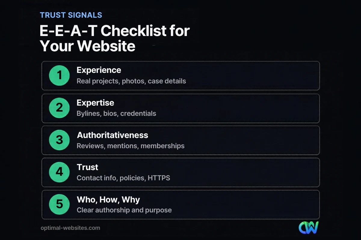 E-E-A-T checklist of trust signals for a small business website