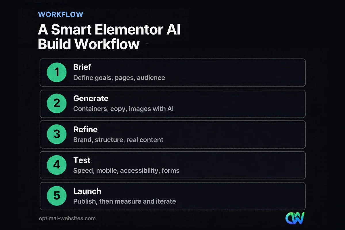 Five-step Elementor AI website build workflow from brief to launch