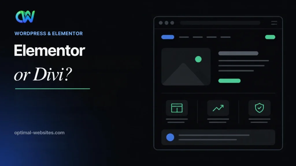 Elementor vs Divi page builder comparison headline beside a website layout mockup