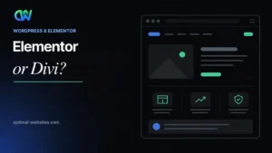 Elementor vs Divi page builder comparison headline beside a website layout mockup