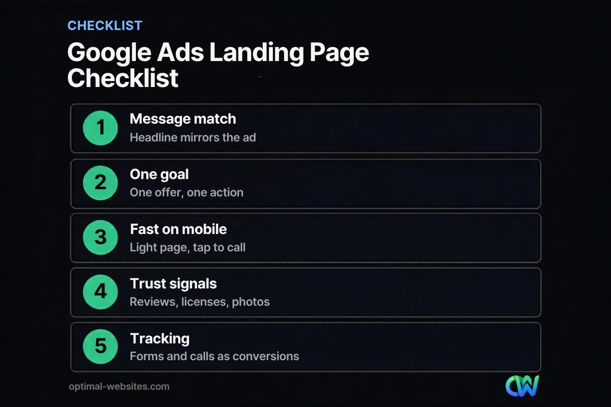 Checklist for a Google Ads landing page: message match, one goal, speed, trust and tracking