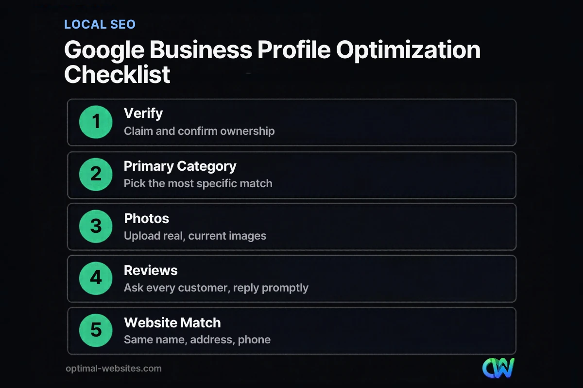 Infographic checklist for Google Business Profile optimization: verify, category, photos, reviews, website match