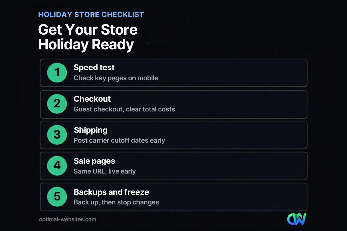 Holiday ecommerce checklist covering speed, checkout, shipping, sale pages and backups