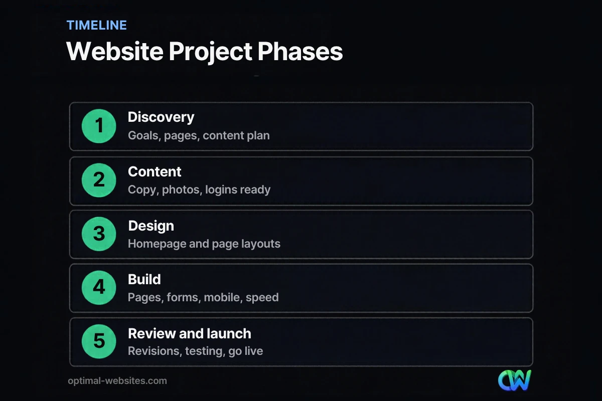 Infographic of website project phases showing how long it takes to build a website