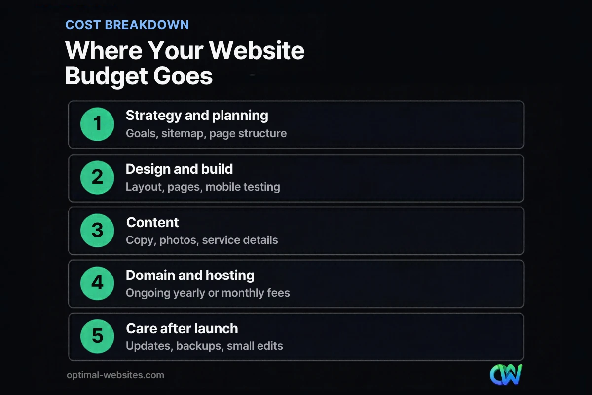 Cost breakdown showing the five parts of a small business website budget