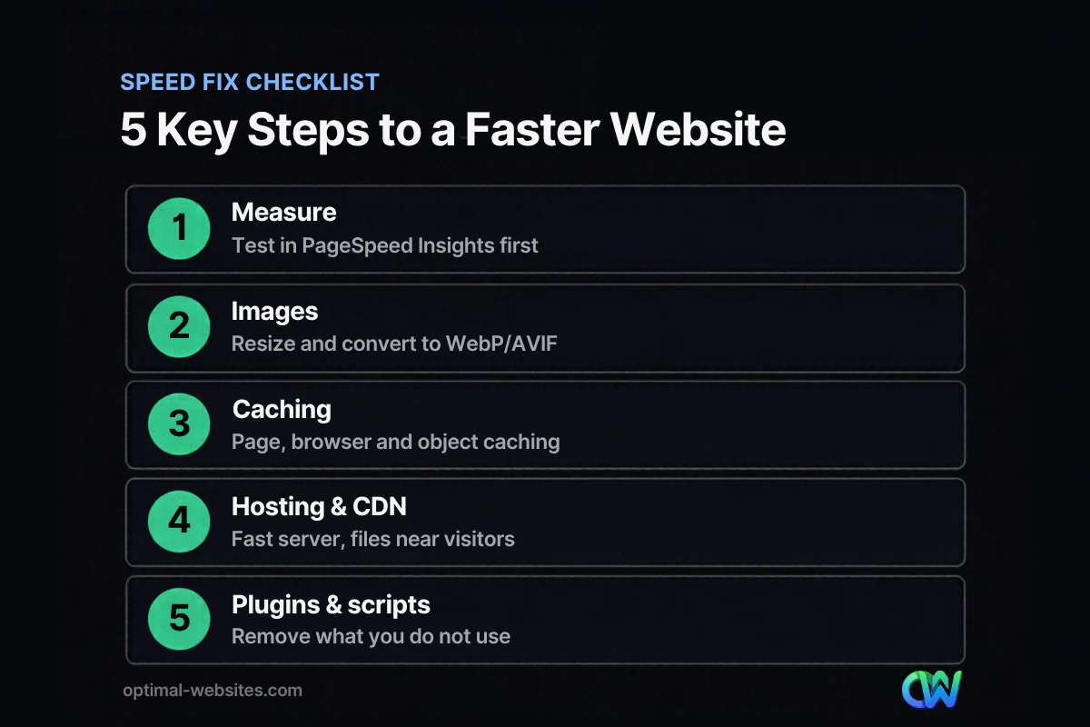 Checklist showing how to improve website speed in five key steps