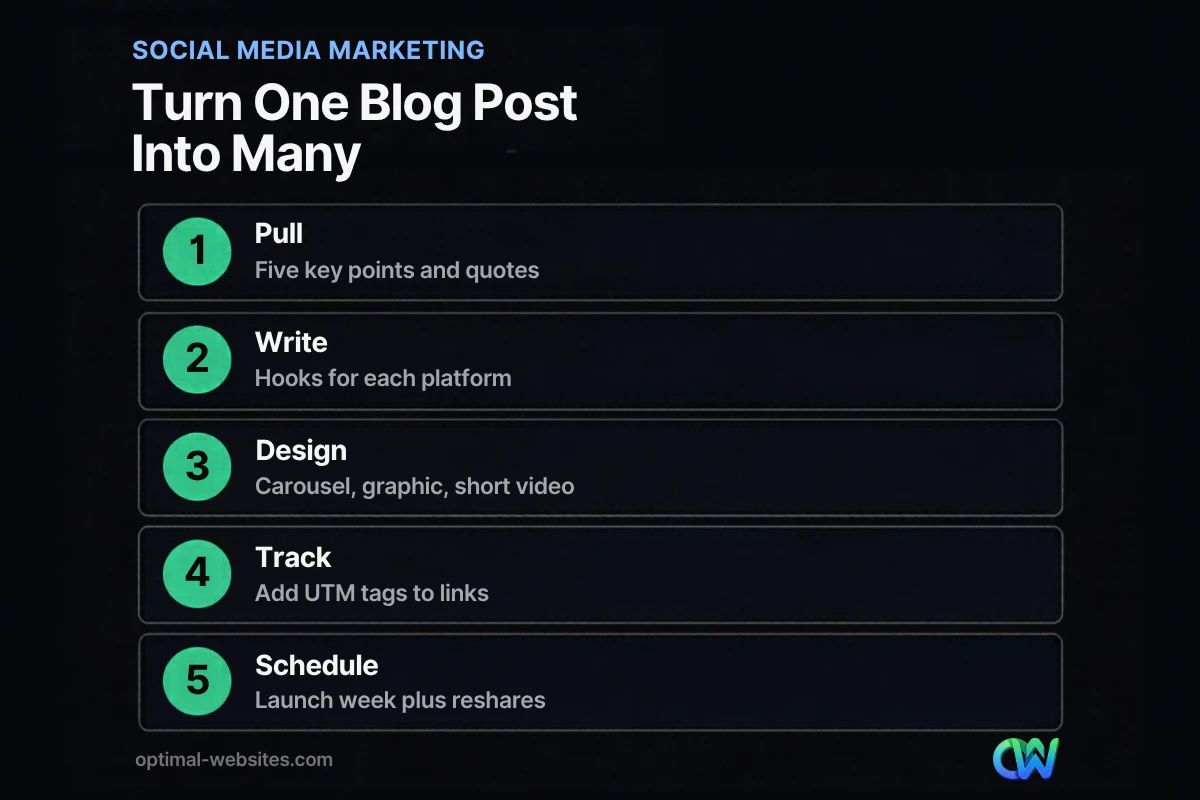 Five-step repurposing workflow showing how to promote blog posts on social media