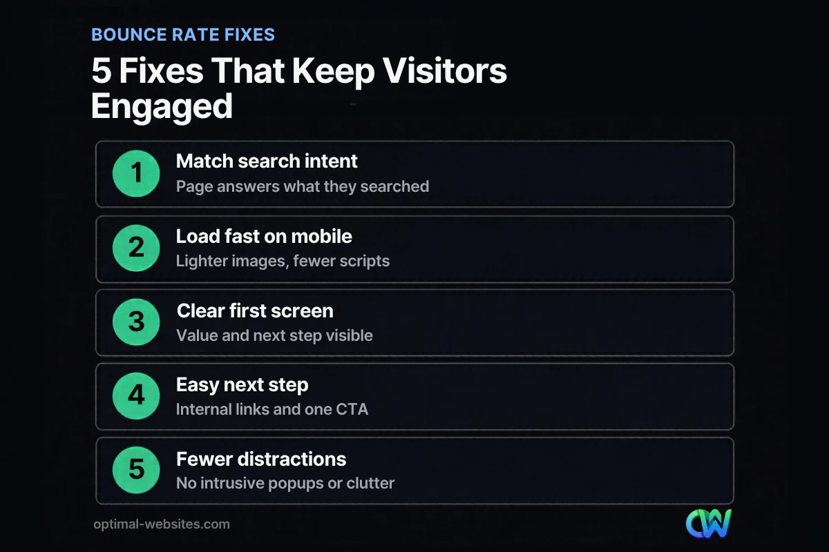 Checklist of five fixes showing how to reduce bounce rate