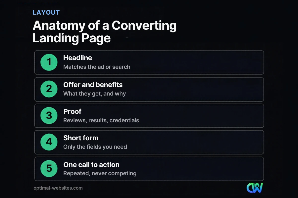 Five sections of a high-converting landing page design layout