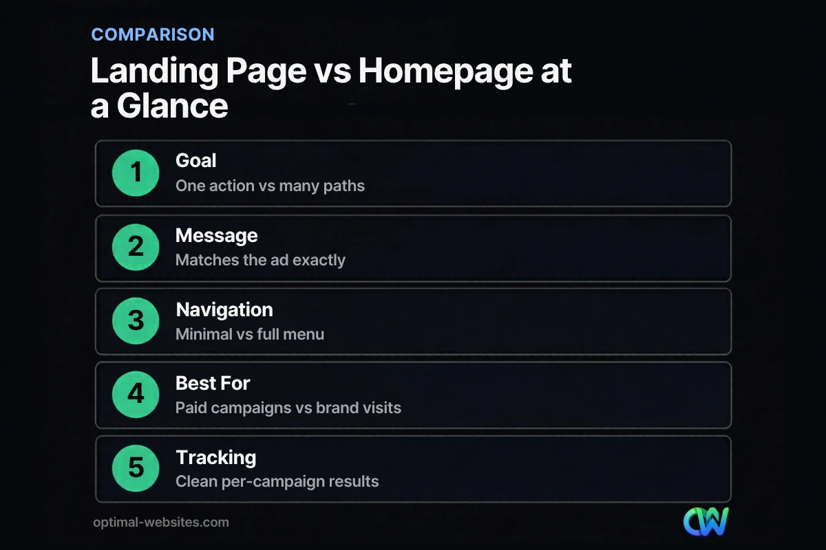 Comparison of a landing page vs homepage for ad traffic