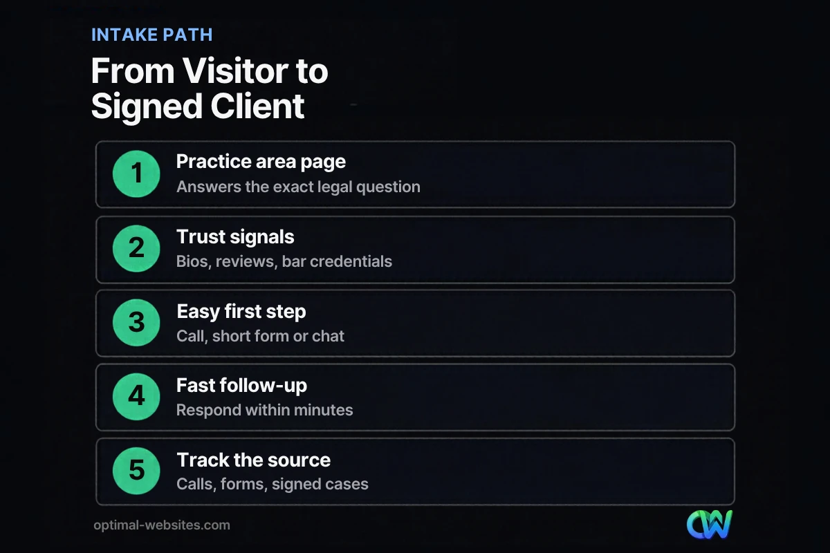 Five-step law firm lead generation path from practice area page to tracked signed client