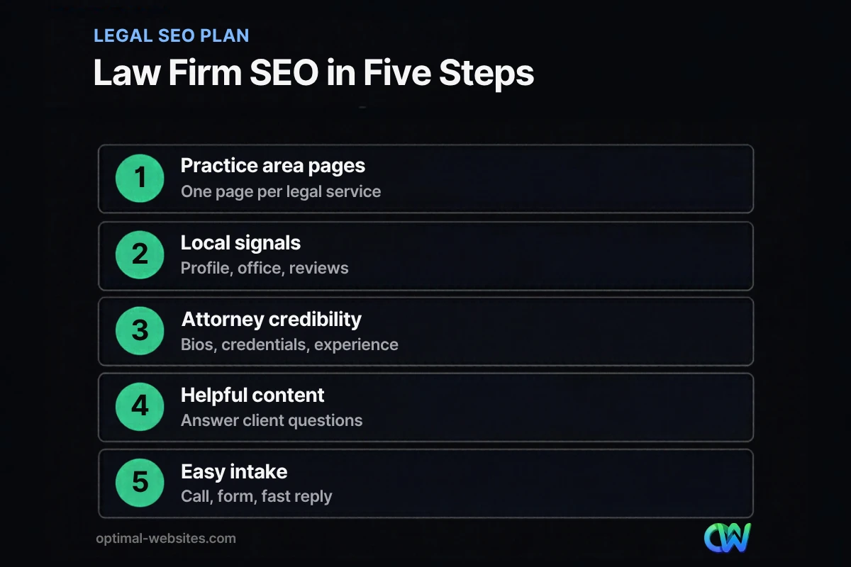 Infographic showing a five-step law firm SEO plan for attorneys