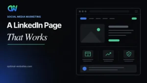 LinkedIn company page guide headline, a page that works, beside a website mockup