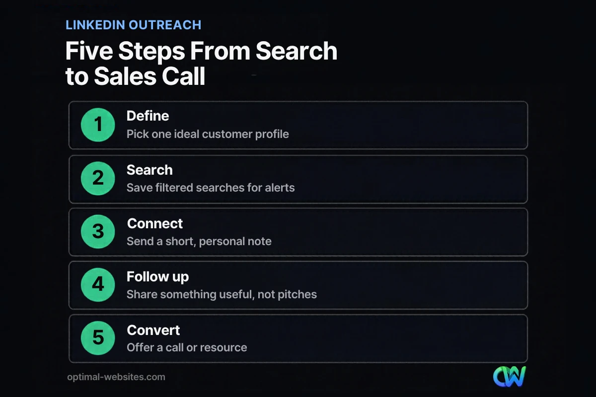 Five-step LinkedIn lead generation outreach process from search to sales call