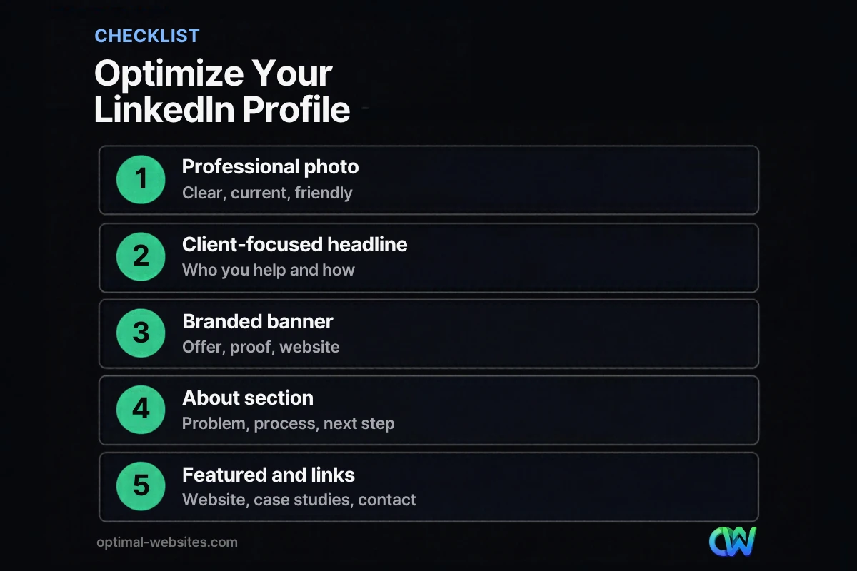 LinkedIn profile optimization checklist covering photo, headline, banner, About and Featured