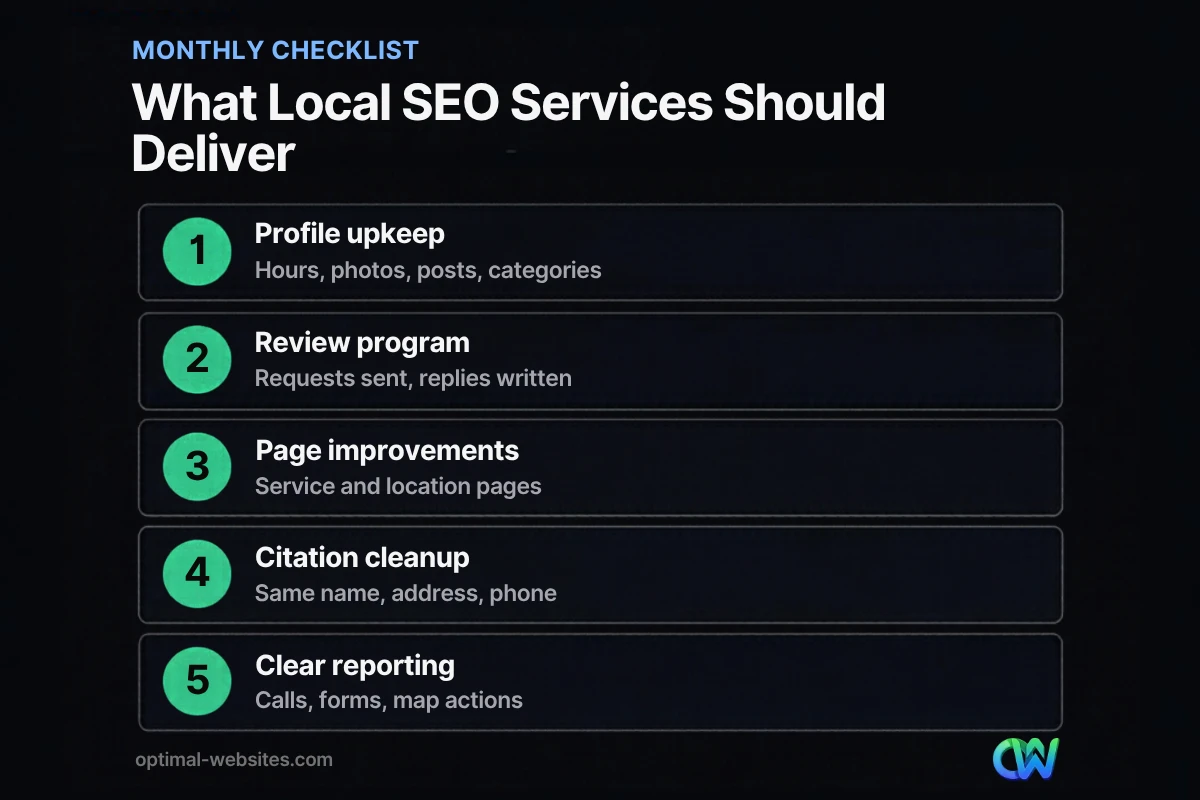 Checklist of five monthly deliverables local SEO services should include