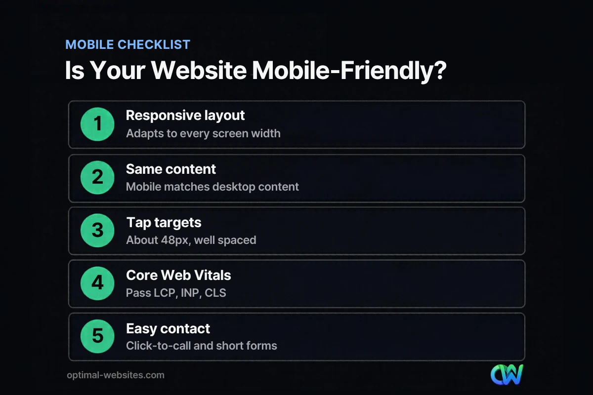 Mobile-friendly website checklist covering responsive layout, content parity, tap targets, Core Web Vitals and contact