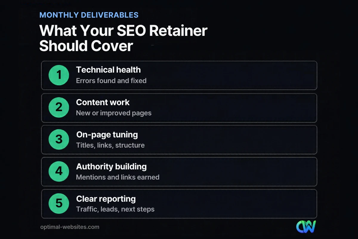 Checklist of five deliverables monthly SEO services should cover