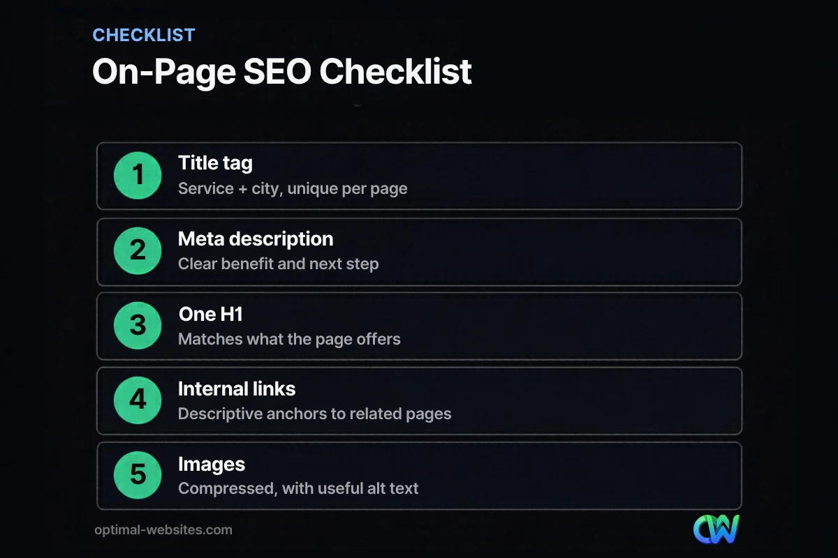 Infographic showing a five-step on-page SEO checklist for a service page