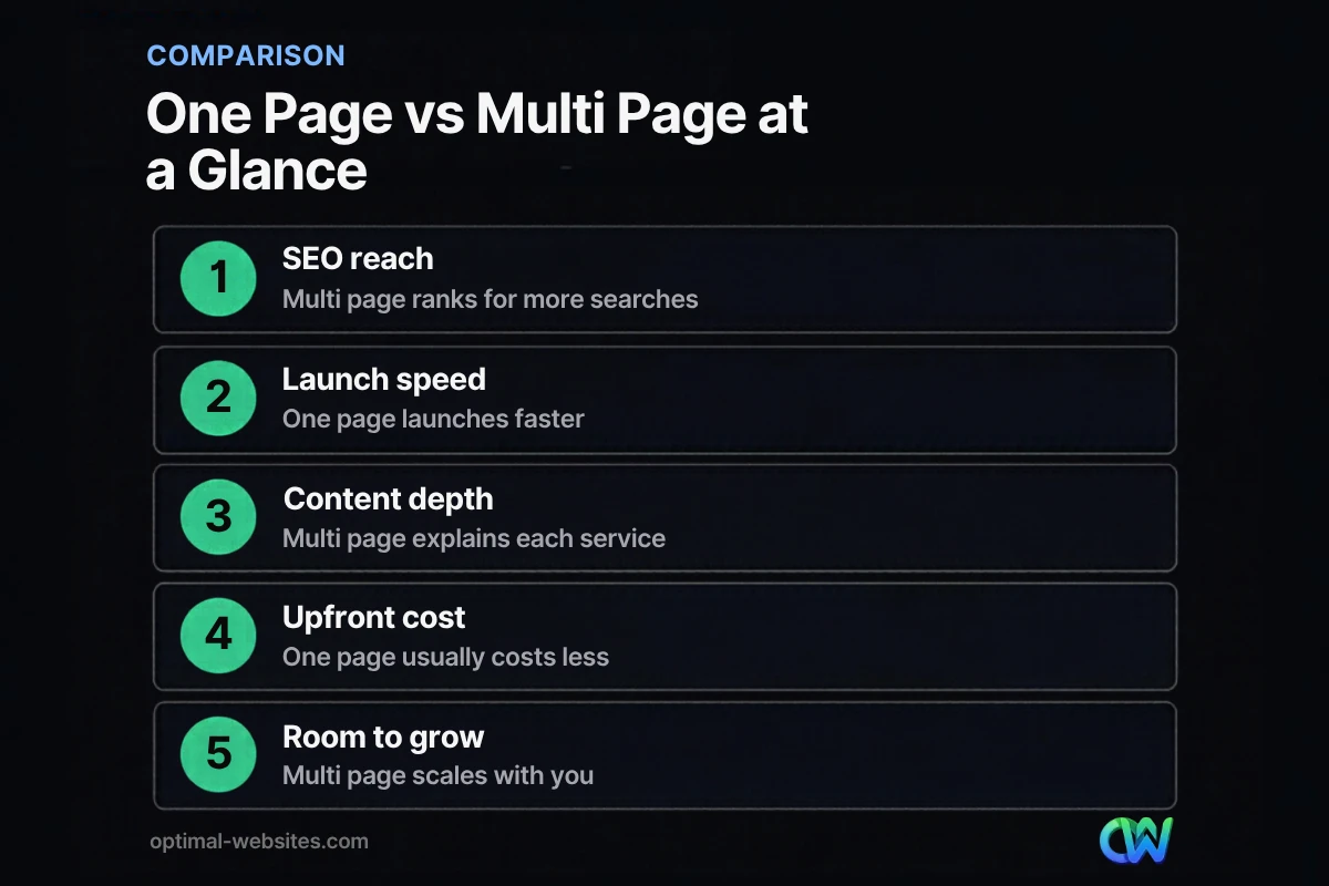 Comparison graphic of one page vs multi page website on SEO, speed, depth, cost and growth