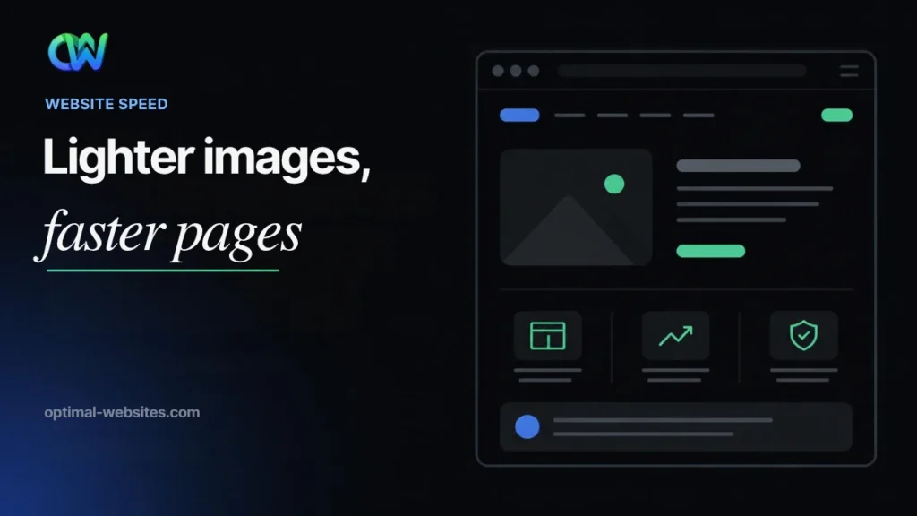 Heavy photo file shrinking into a light WebP badge to optimize images for web