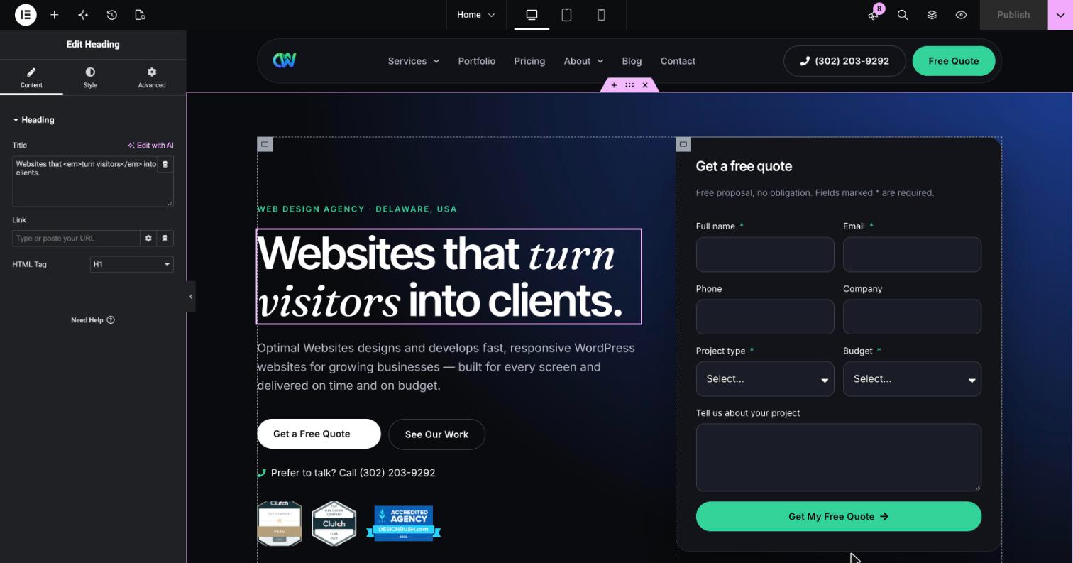 The Optimal Websites homepage open in the Elementor Pro visual editor