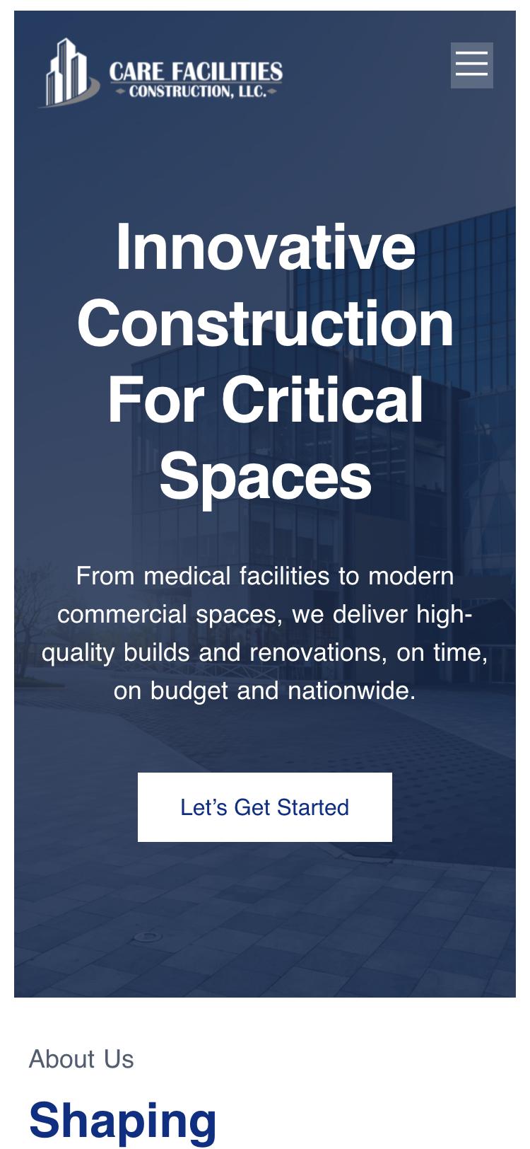 Mobile view of the Care Facilities Construction website designed by Optimal Websites