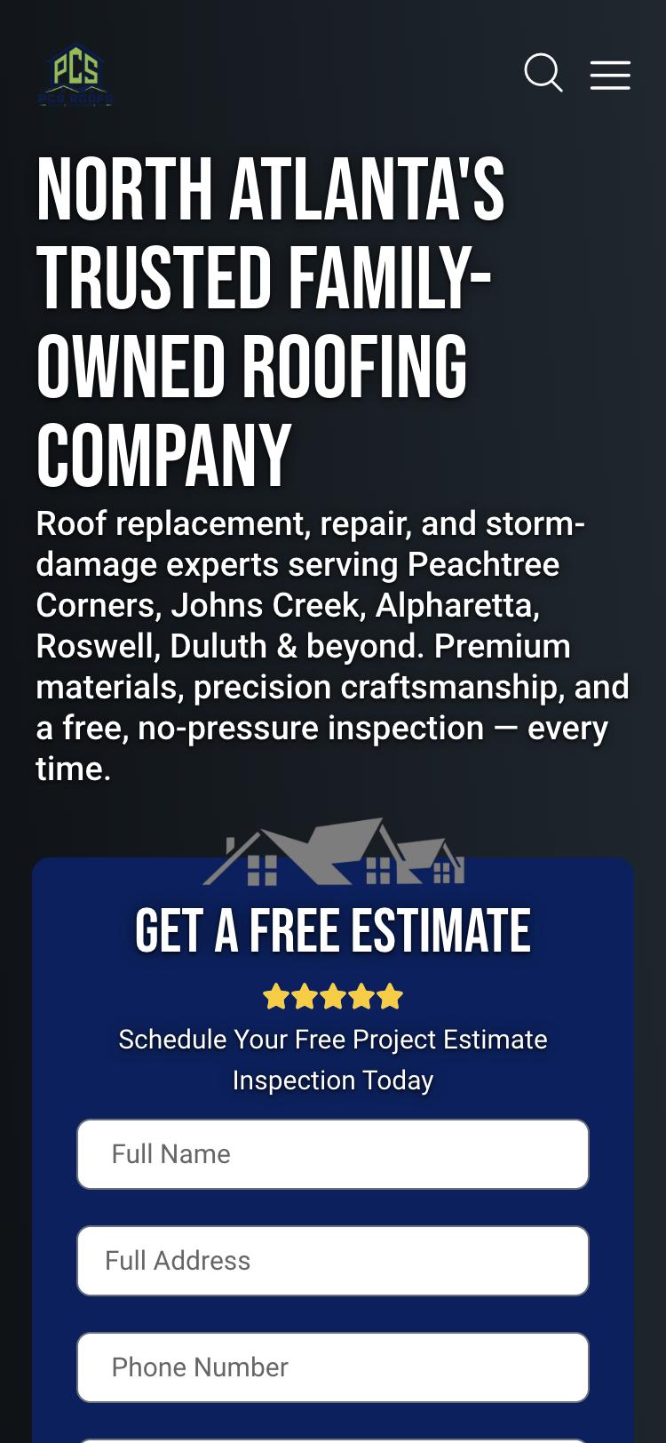 Mobile view of the PCS Roofs website designed by Optimal Websites