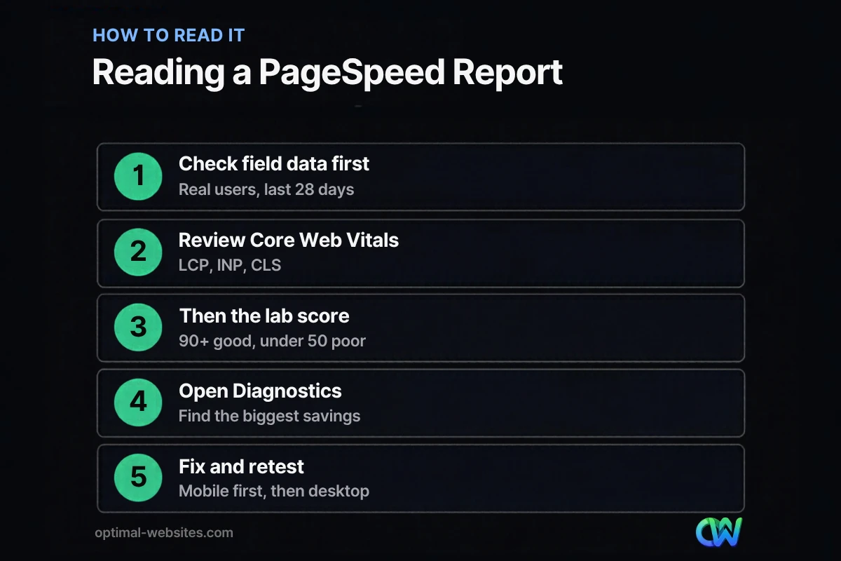 Infographic with five steps for reading a PageSpeed Insights report