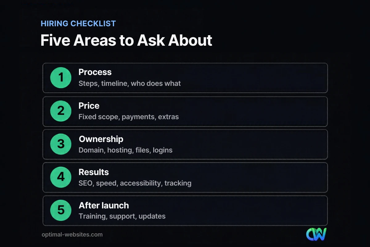 Checklist of five areas covered by questions to ask a web designer