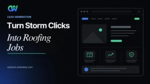 Storm clouds over a roofing landing page with a free roof inspection button
