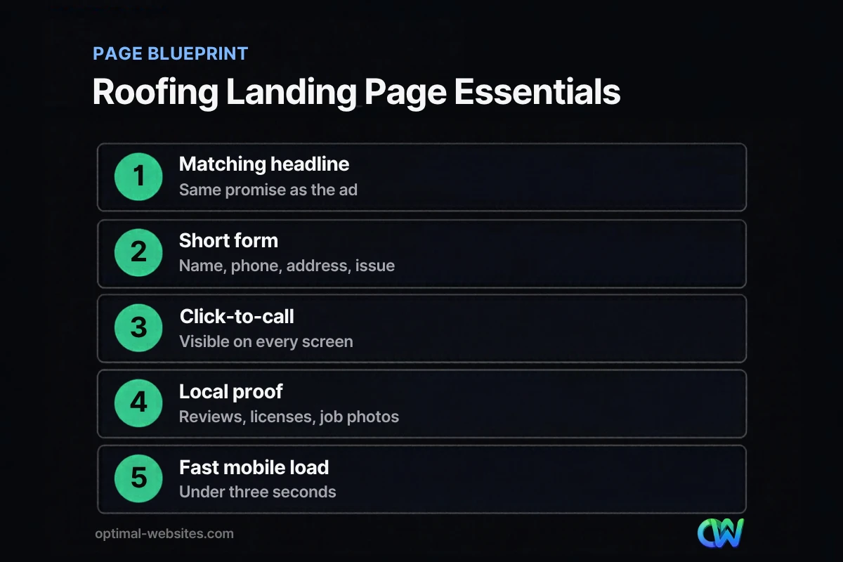 Checklist of essentials for a roofing landing page