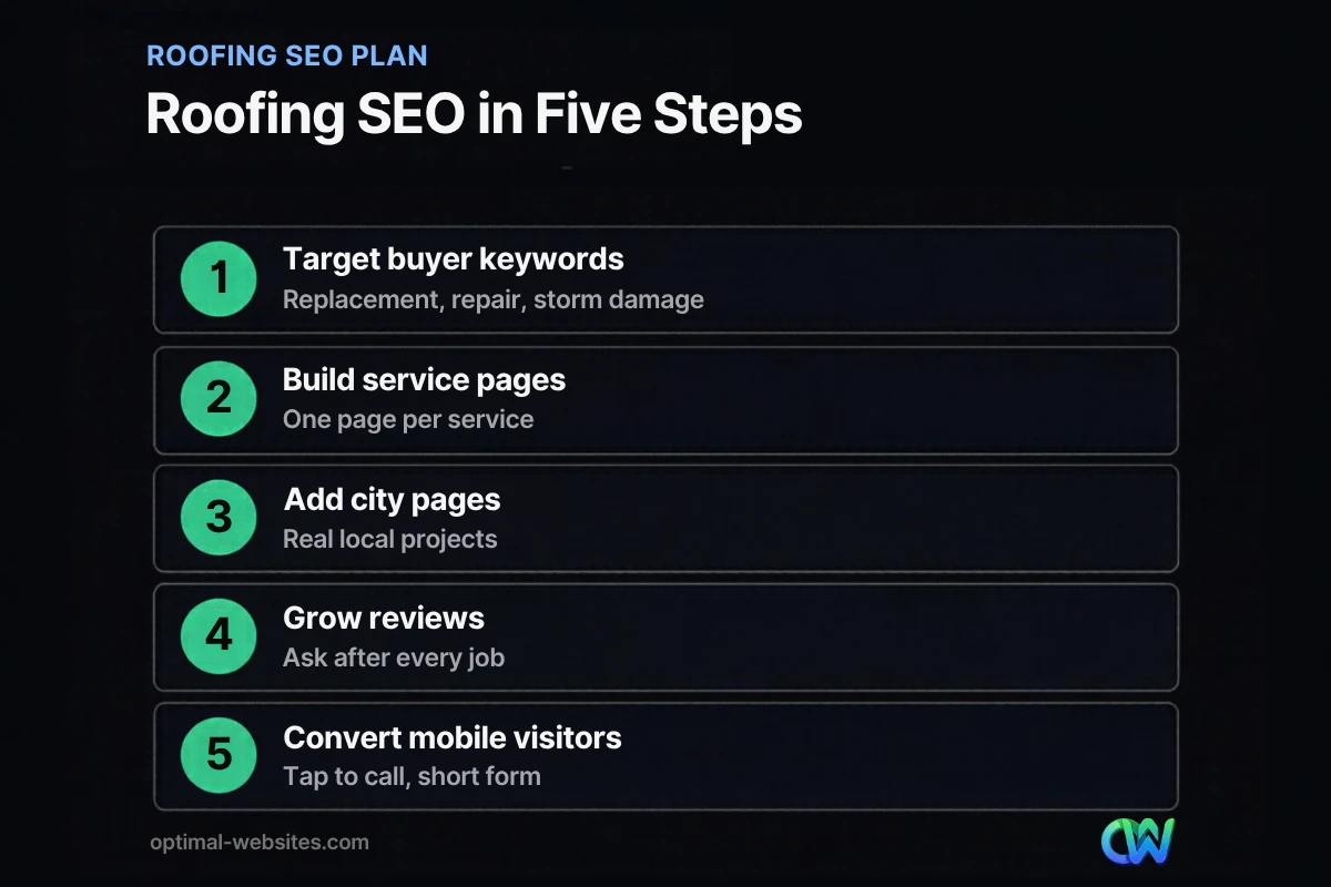 Infographic showing a five-step roofing SEO plan for local roofers